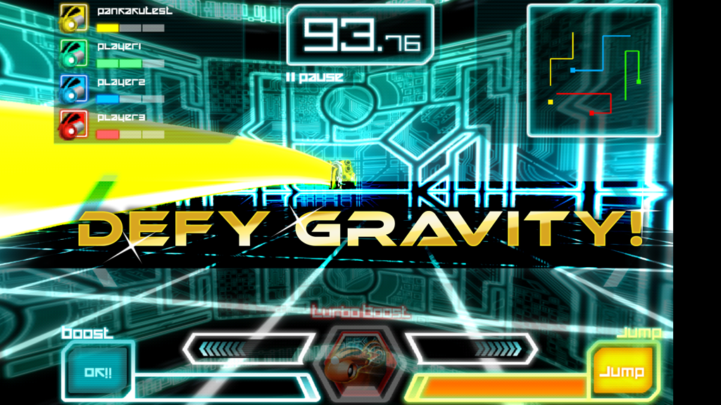LightBike 2 - LightBike 2 screenshot showing a yellow neon bike trail in a 3D arena with the text Defy Gravity