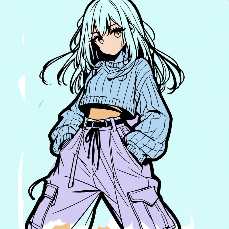 anime teen girl with baggy pants and crop top with sweater