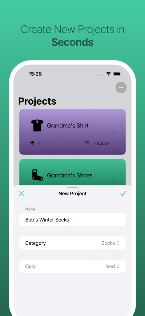 Yarnify app screen showing how to create a new knitting project with options for name category and color