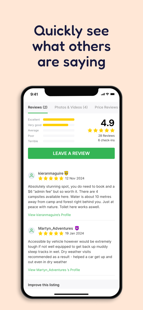 CAMPS: Camping Australia Wide - Pantalla de reseñas de campings y valoraciones de usuarios en la aplicación CAMPS Australia Wide