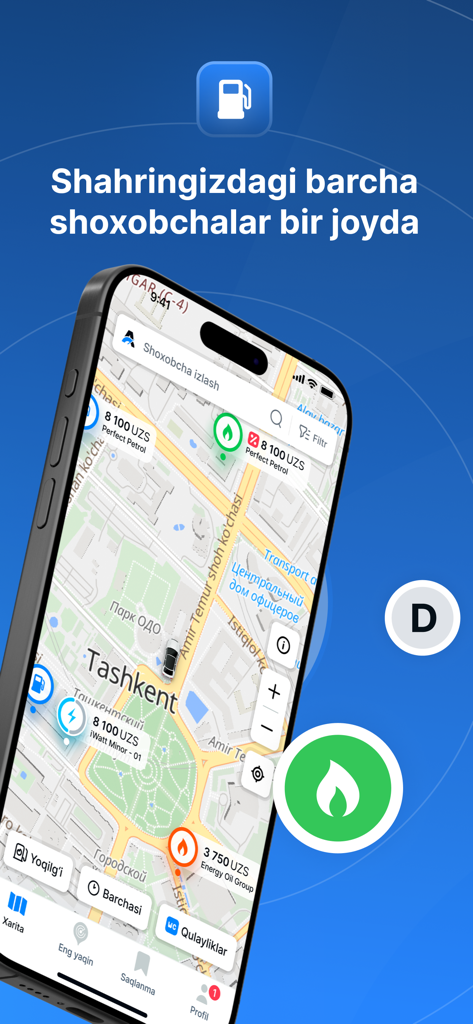 Avto24 - La aplicación móvil Avto24 muestra un mapa de Tashkent con ubicaciones y precios de gasolineras y estaciones de carga