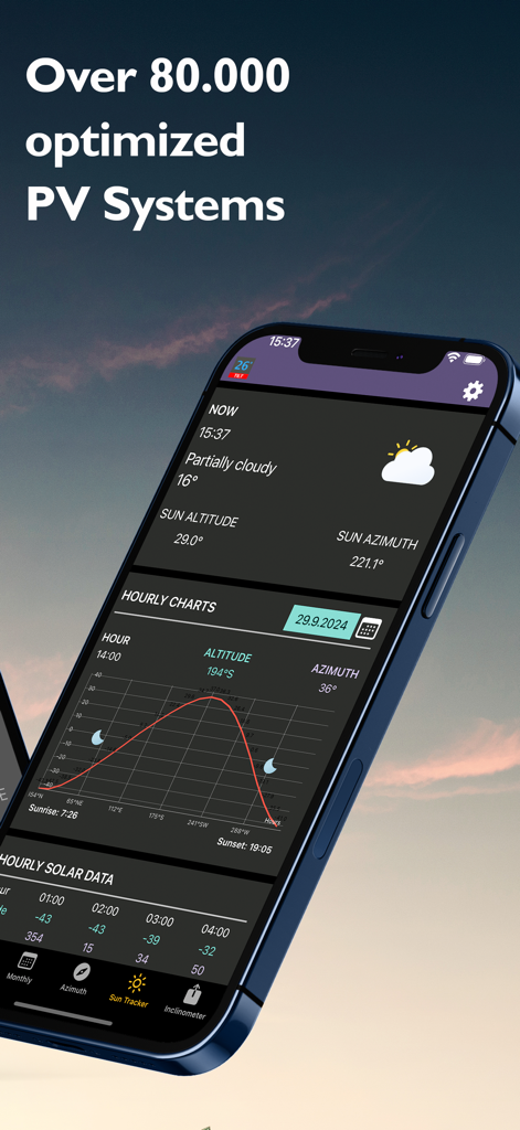 PV Solar Tilt - Interfaccia dell'app PV Solar Tilt che mostra dati sulla posizione del sole e grafici orari.