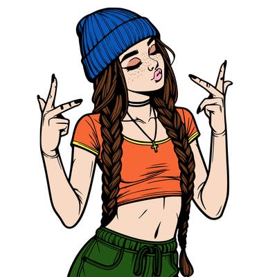 realistic teenage girl with braids and a beanie and crop top doing 🫶🏼