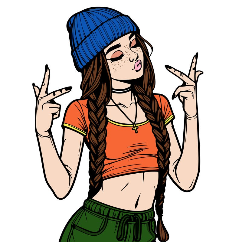 realistic teenage girl with braids and a beanie and crop top doing 🫶🏼