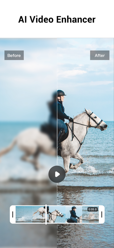 YouCut - AI Video Editor - Before and after comparison of a blurry video restored to HD quality using the YouCut AI Video Enhancer feature