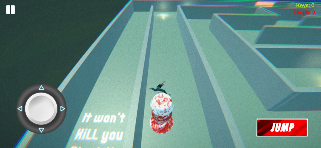 Monster Chase: Maze Runner 3D - A character navigating a 3D maze in Monster Chase with on-screen controls and a jump button