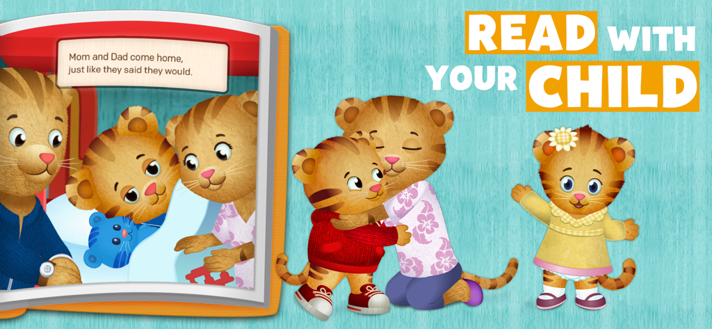 Daniel Tiger Storybooks app interface showing an interactive book page and characters with the text Read With Your Child