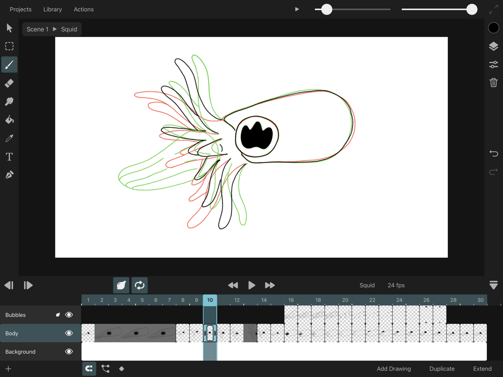 ToonSquid - ToonSquid iPad animation interface showing onion skinning and frame by frame timeline
