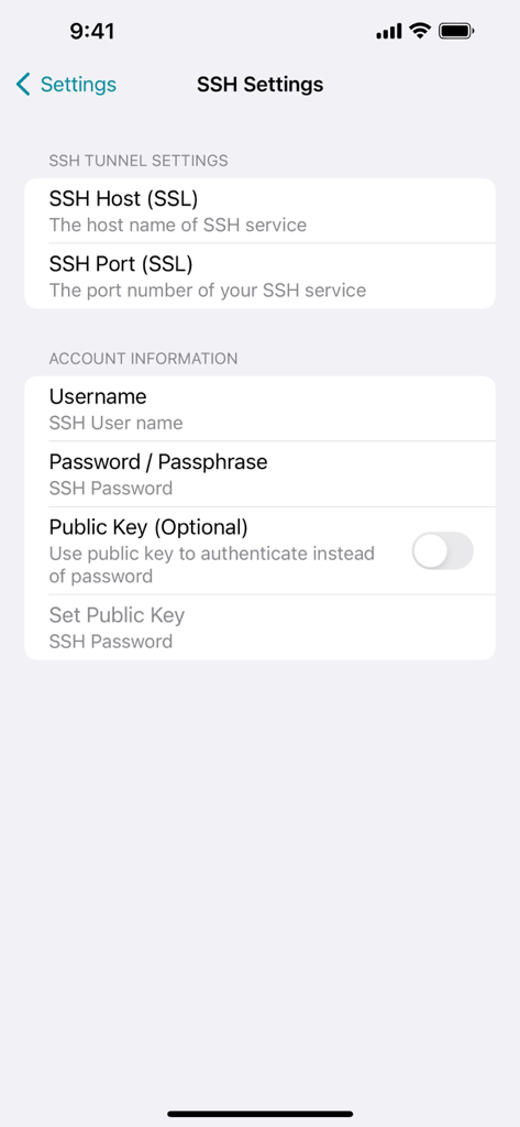 HTTP Injector - SSH configuration screen for HTTP Injector app showing host and account settings