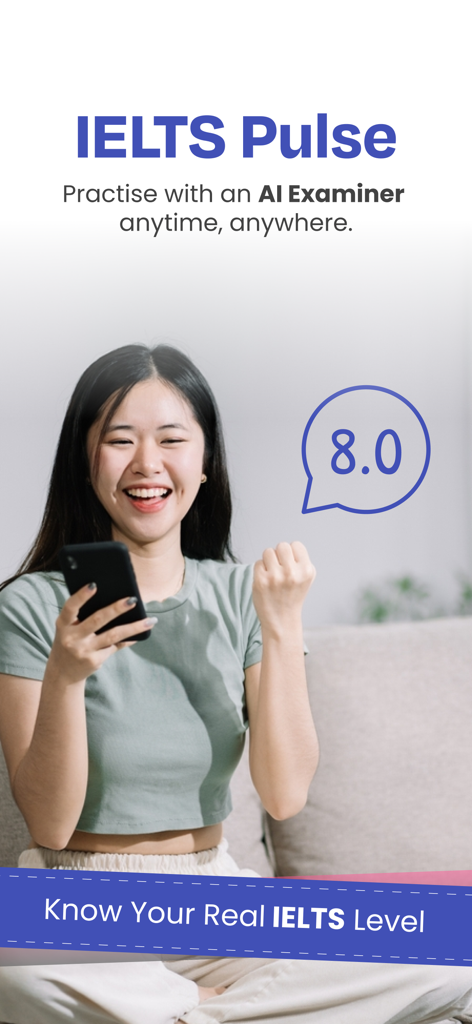 IELTS Pulse: Band 9 AI Prep - A smiling woman celebrating her Band 8.0 IELTS score predicted by the AI examiner in the IELTS Pulse app