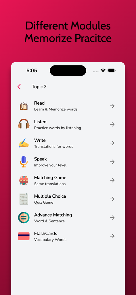 Interface of the Thai Learning app displaying different study modules including reading listening writing and interactive games