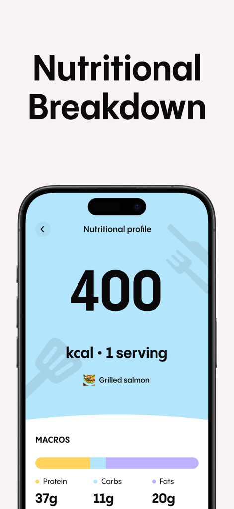 Recipe Keeper & Saver - Recify - Écran du profil nutritionnel de l'application Recify montrant le nombre de calories et les macronutriments pour une recette de saumon grillé