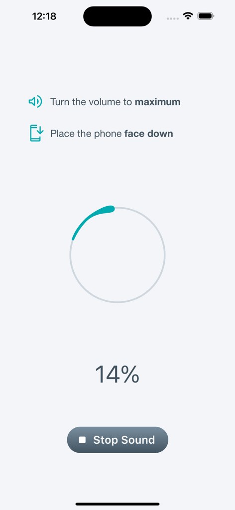 Ultrasonic Cleaner - Mobile app screen showing speaker cleaning instructions and 14 percent progress