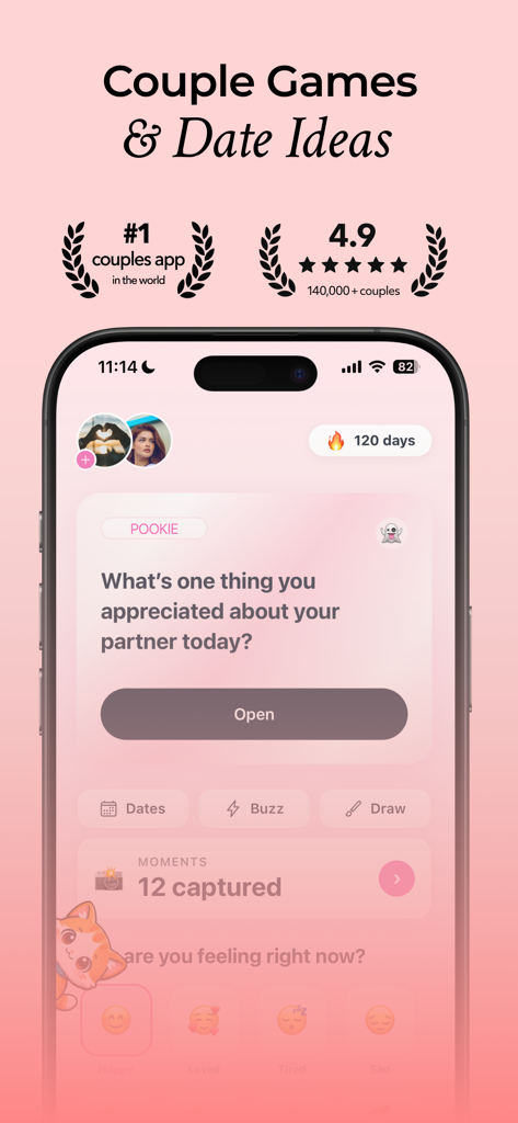 Pookie - Relationship Tracker - Pookie app interface showing couple games, date ideas, and a daily appreciation prompt for partners.