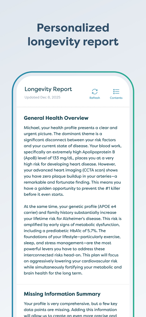 A personalized longevity report showing an AI health overview with analysis of biomarkers and risk factors.