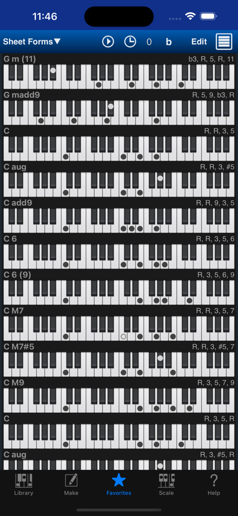 L'app Piano Kit che visualizza un elenco di diteggiature di accordi di pianoforte nella vista foglio preferiti.