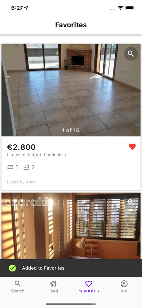 Homy - La aplicación de bienes raíces Homy muestra un listado de propiedades favoritas en Limassol, Chipre, con chimenea y baldosas grandes