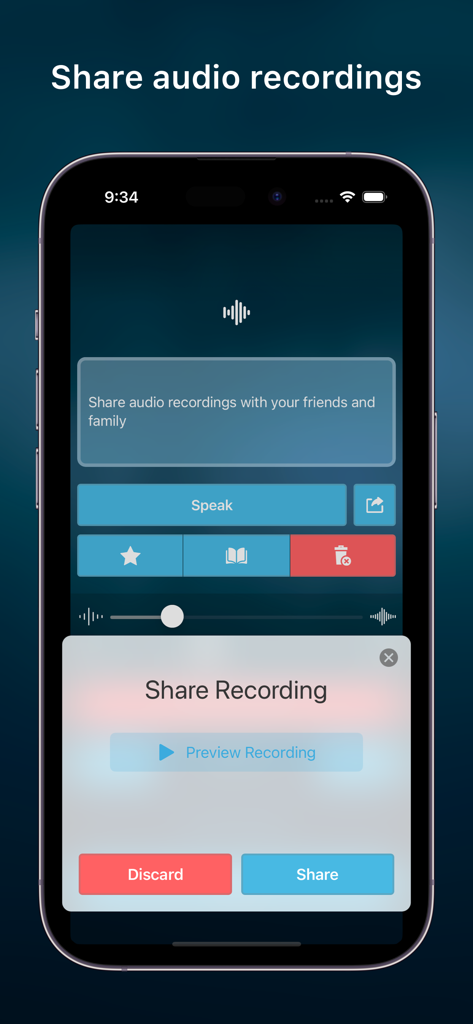 Speak • Speech Synthesizer - Speakアプリのインターフェース。iPhoneでのオーディオ録音共有機能が表示されています。