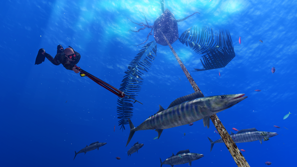 Buzo con un arpón cazando un gran wahoo en aguas profundas y azules del océano