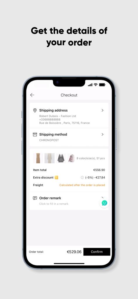 W.STUDIO B2B app checkout screen showing wholesale fashion order details and total price