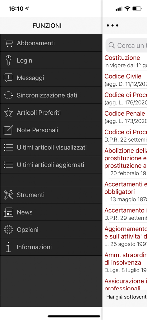 Das Hauptmenü und die Liste der Gesetze der italienischen Rechts-App Civile