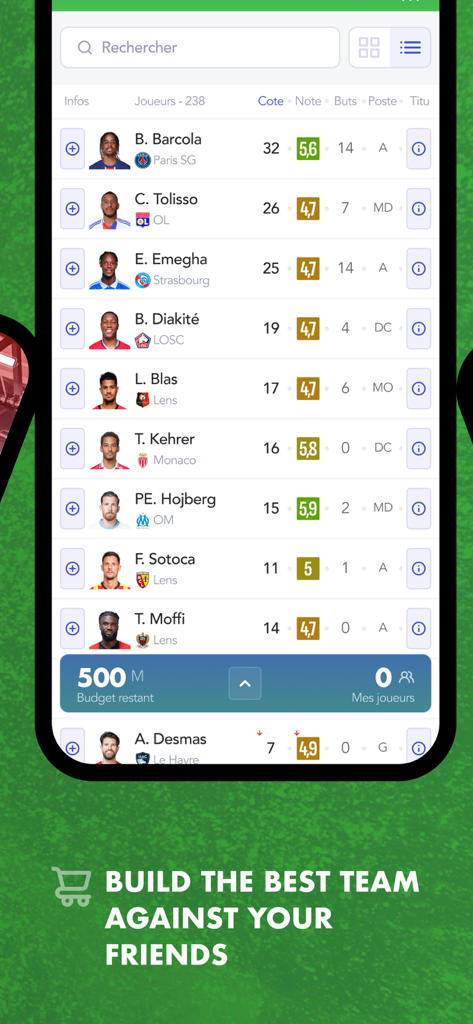 MPG Football - MPG Football mobile interface showing a list of soccer players with stats and a budget bar for building a fantasy team
