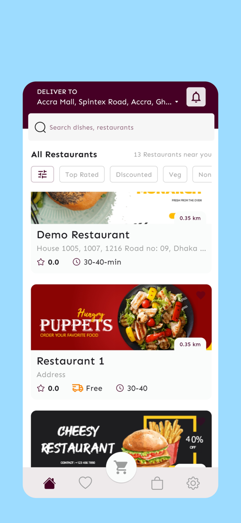 +233 Eats - Interfaz de la aplicación móvil Plus 233 Eats que muestra una lista de restaurantes disponibles y opciones de búsqueda de comida