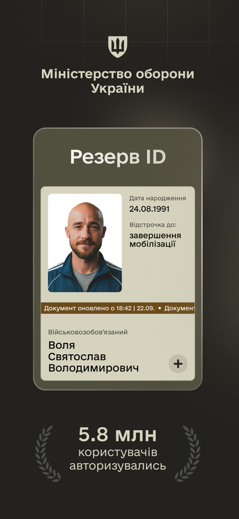 Screenshot of the Rezerv plus app displaying a digital military ID with a user's photo, personal information, and the total number of authorized users.