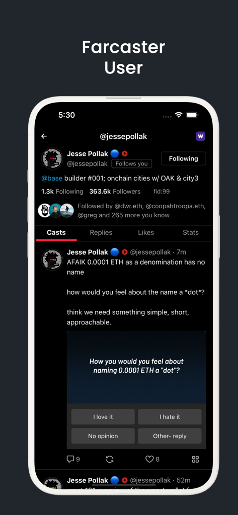 Recaster - Farcaster Client - Recaster app showing a Farcaster user profile and a post with a poll in dark mode