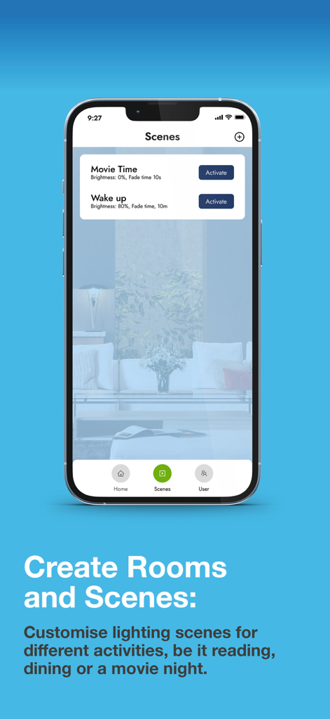 BG Smart - Una pantalla móvil de la aplicación BG Smart que muestra escenas de iluminación personalizables como Hora de Película y Despertar