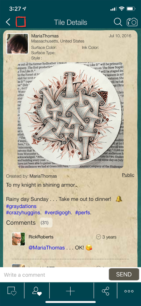 A detailed hand drawn art tile shared on the Zentangle Mosaic app community platform