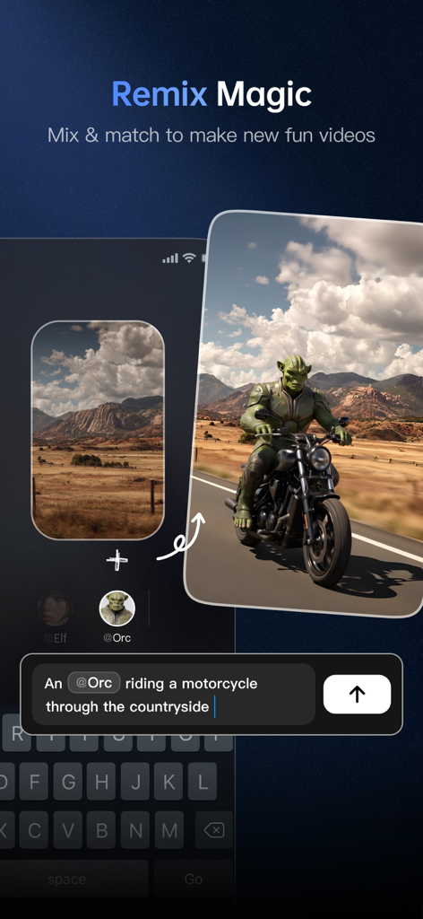 Vidu - AI Video Generator - Vidu app interface showing the Remix Magic feature generating an AI video of an orc riding a motorcycle through the countryside based on a text prompt.