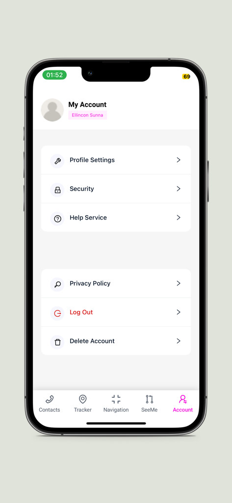 Account settings screen in the Seemeglobal app displaying user profile and security settings