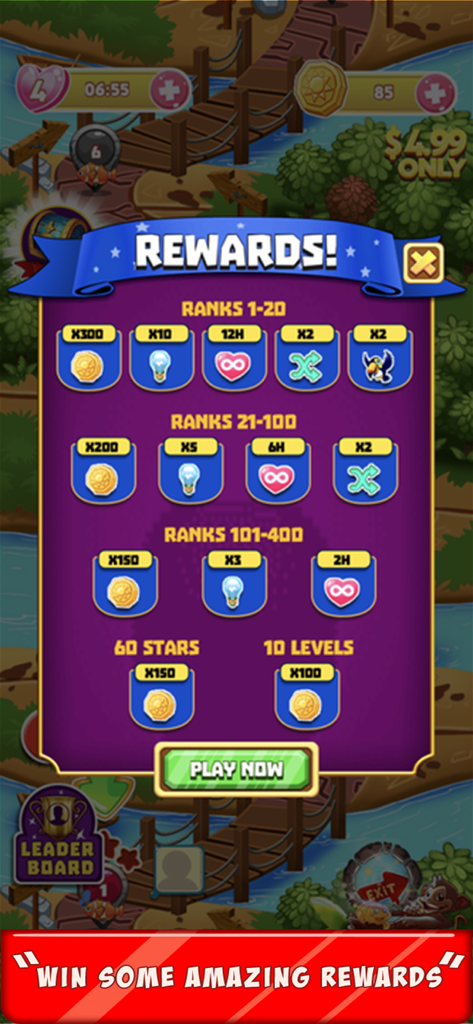 Pantalla de recompensas en Mahjong Quest que muestra premios basados en rango como monedas y potenciadores