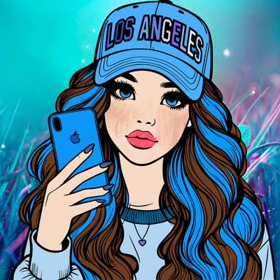 realistic beautiful girl wearing los ángeles cap holding an iphone