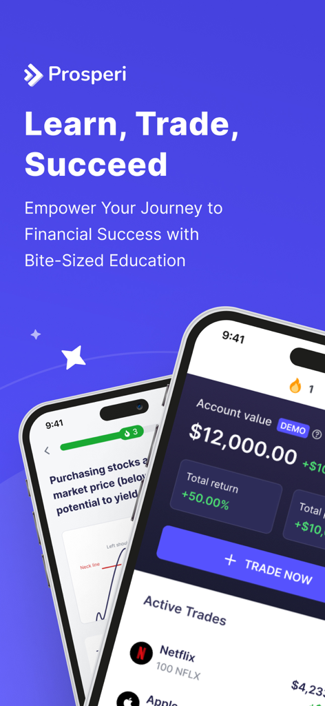 Prosperi Academy - Interfaz móvil de Prosperi Academy que muestra lecciones de educación financiera concisas y un simulador de trading.