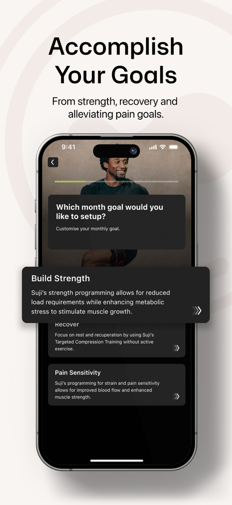 Suji mobile app interface for setting monthly fitness and recovery goals