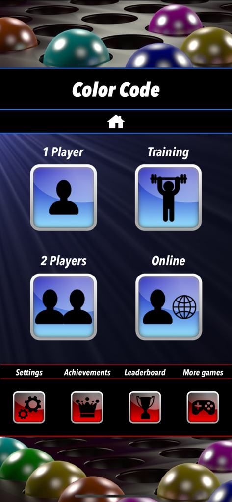Menú principal de Color Code Maestro del Juego de Mesa mostrando opciones para 1 jugador, entrenamiento, 2 jugadores y modos en línea.
