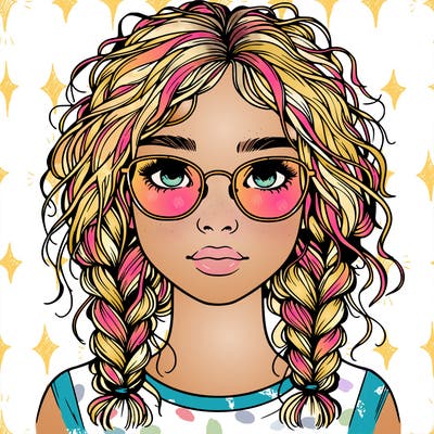 realistic girl with glasses and frizzy hair in braids