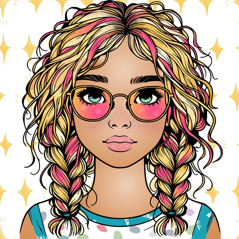 realistic girl with glasses and frizzy hair in braids