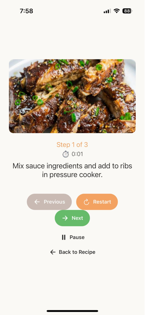 Instapot app - Step by step instruction for a pressure cooker recipe in the Instapot app