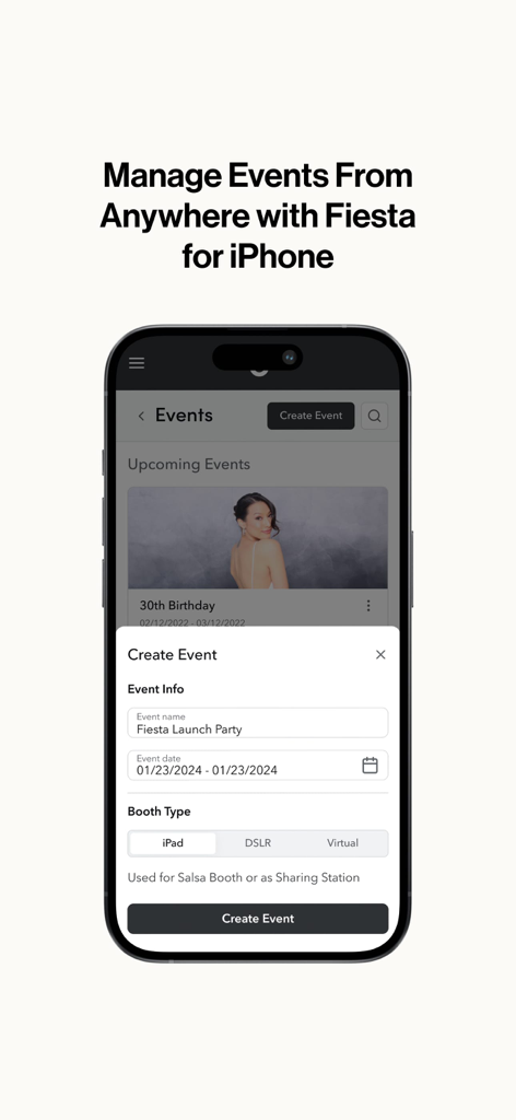 Fiesta: Photo Booth Software - Fiesta app on iPhone showing the event creation interface for photo booth professionals.