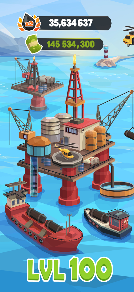 Oil Tycoon: Idle Miner Factory - Piattaforma petrolifera offshore di livello 100 con navi da trasporto e elicotteri in Oil Tycoon