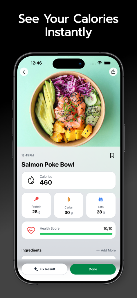 Nutrola - Nutrition Tracker - Screenshot of Nutrola app displaying AI-generated calorie and macro tracking for a salmon poke bowl meal.