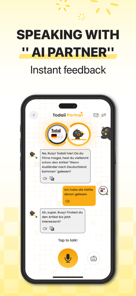 Todaii: Learn German A1-C1 - Todaii German app AI Partner chat interface for practicing speaking with instant feedback.