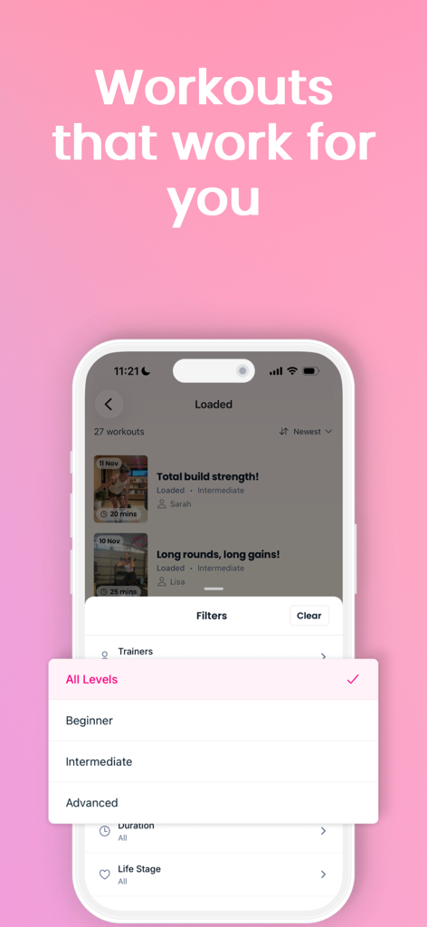Move it Mama - Move it Mama app screenshot showing workout difficulty filters for beginner intermediate and advanced levels