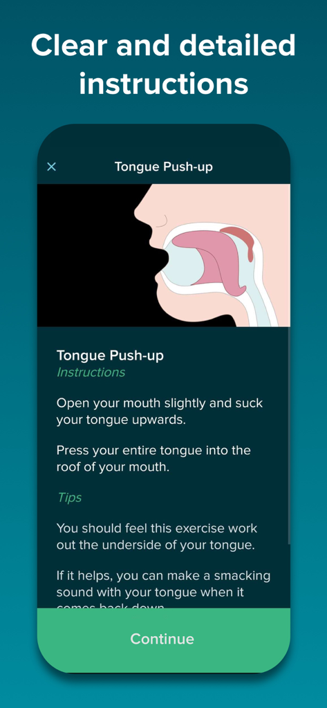 SnoreGym : Reduce Your Snoring - Screenshot of SnoreGym app showing detailed instructions and a diagram for the tongue push-up exercise.