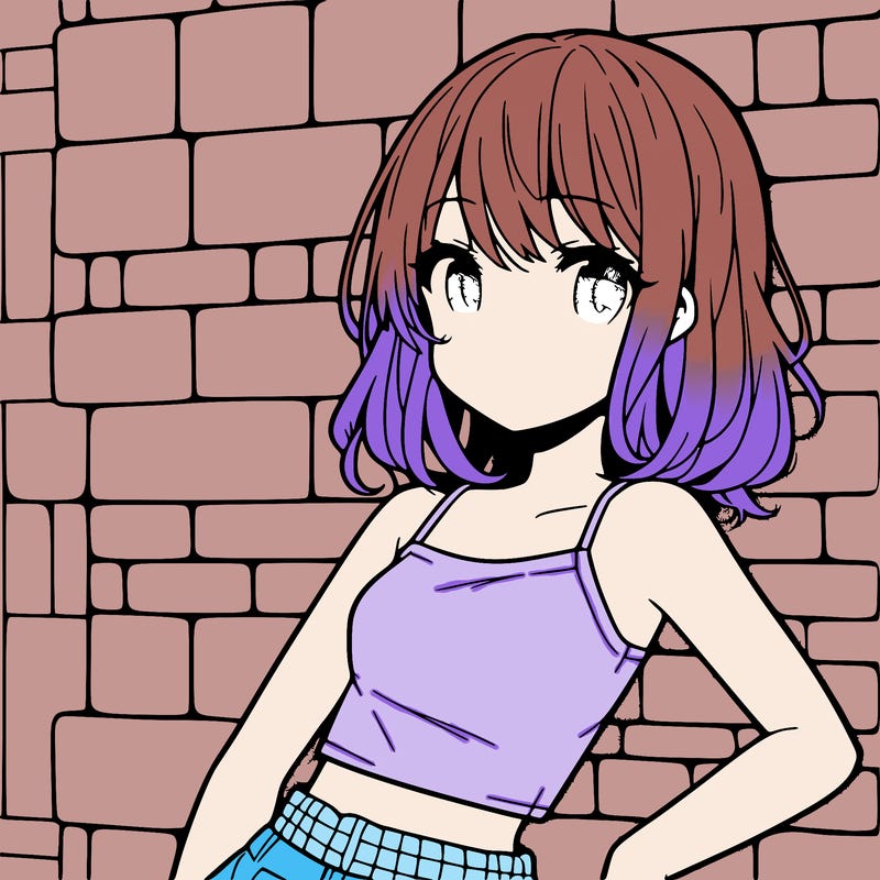 pretty anime girl with crop top pressing against brick wall