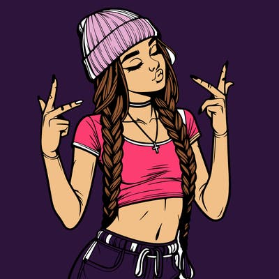 realistic teenage girl with braids and a beanie and crop top doing 🫶🏼