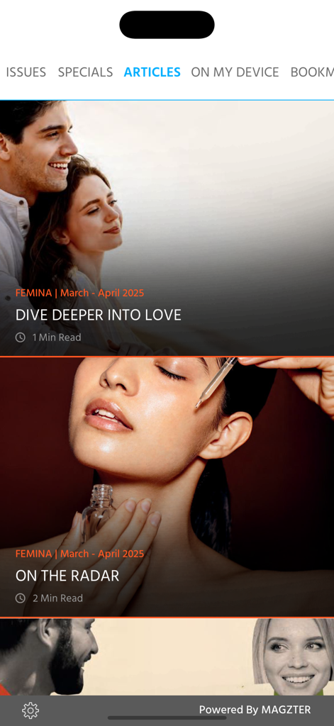 Femina Magazine - The articles feed in the Femina Magazine app featuring relationship and beauty lifestyle content.